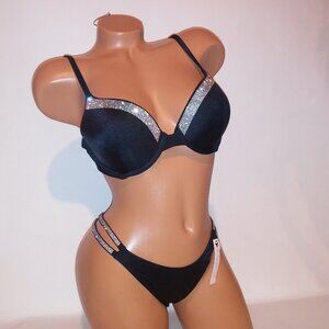 Victoria Secret Swim Bikini Top & Bottom Push Up Shine Strap Bling Black Double